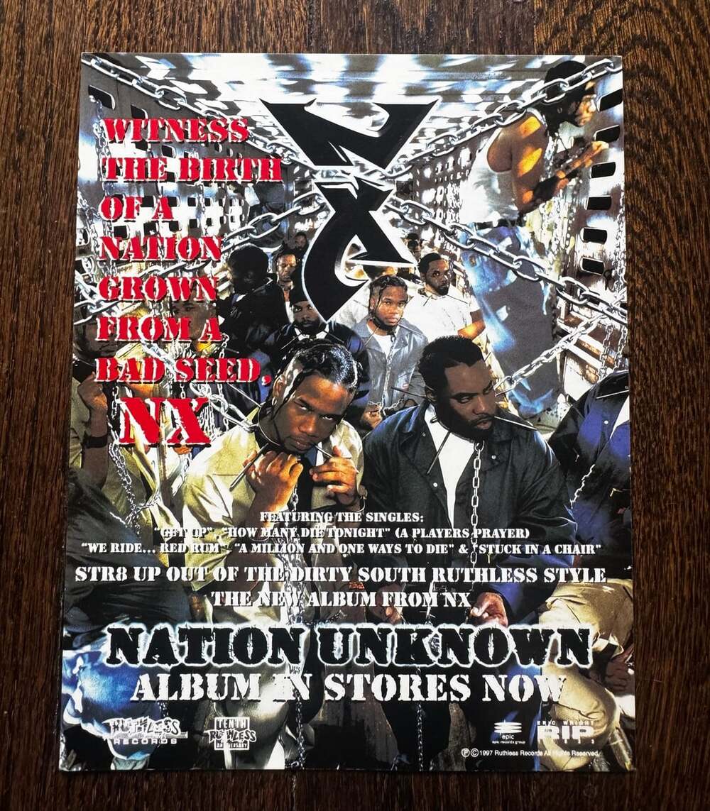 VTG 1997 Nation Unknown NX 5.5x7 PROMO CARD RUTHLESS RECS TX GANGSTA THE SOURCE